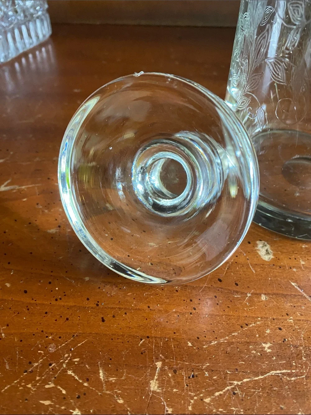 Vintage Mid-Century Hand-Blown Etched Glass Decanter with Flat-Top Disc Stopper